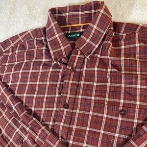 Orvis Mens X-Large Plaid Long Sleeve Button-Down Shirt Maroon/ Burgundy & black